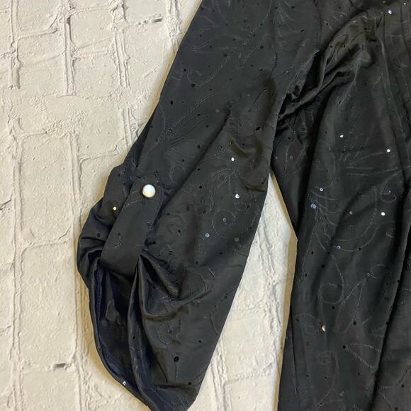 notations womens blouse L rollcuff Ruffle Witchy Sparkle NYC camp bold Statement - Picture 3 of 9